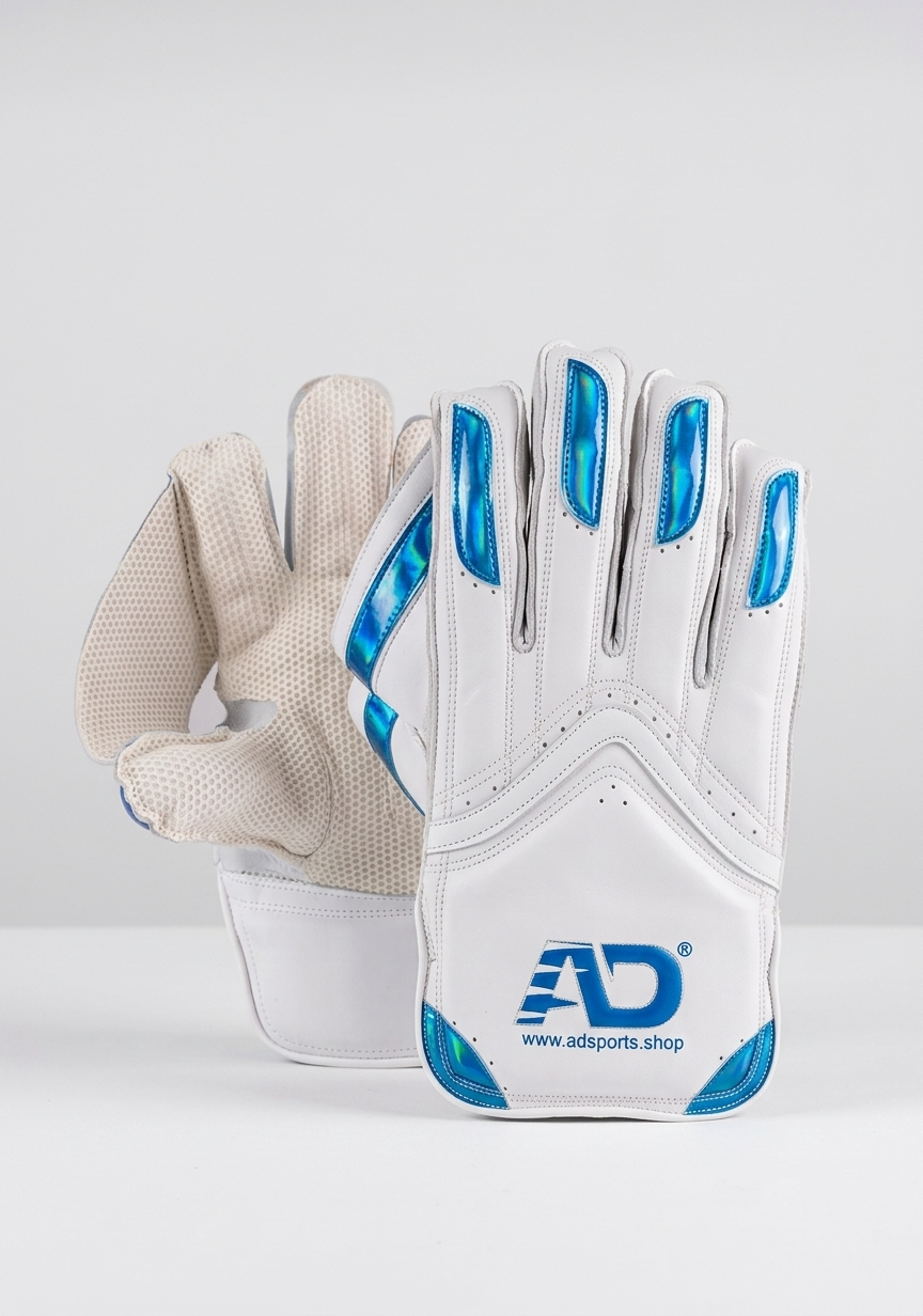 White Blue Wicketkeeping Gloves